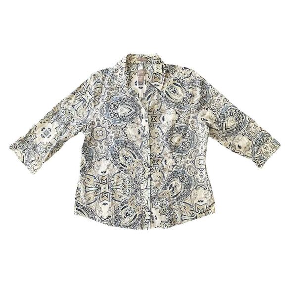 Chico's Tops - Chicos Dress Shirt Womens Button Down Paisley 3/4 Sleeve Cotton Chicos Sz 1 (M)